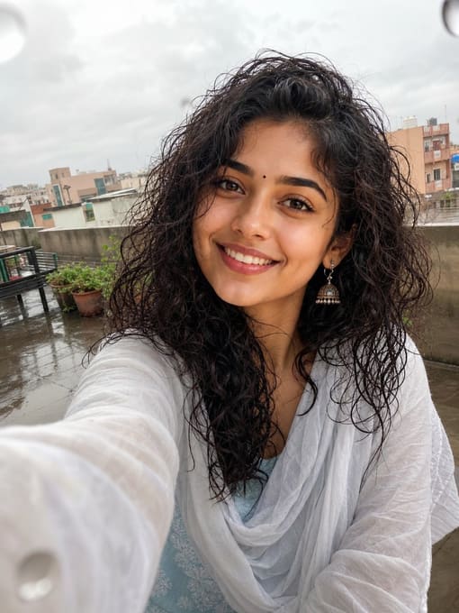 Maya on a wet rooftop terrace after rain, city buildings behind her